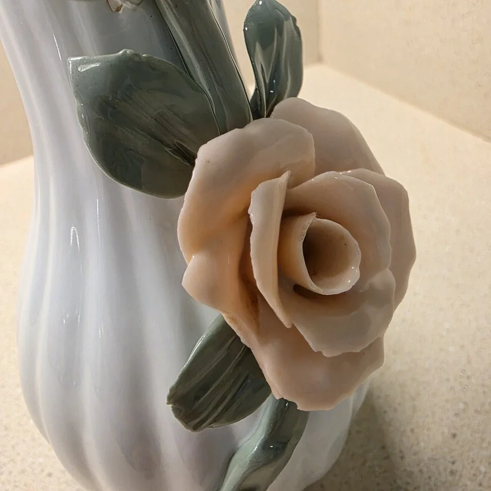 Vintage White  Porcelain Ribbed Bud Vase -Raised Glossy Flowers 7.5